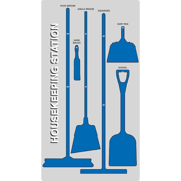 5S Housekeeping Shadow Board Broom Station Version 8 - Gray Board / Blue Shadows  With Broom
